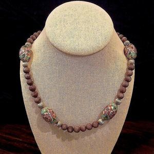 Vintage Amethyst Beads and Gold Floral Cloisonné Enamel Beaded Necklace
